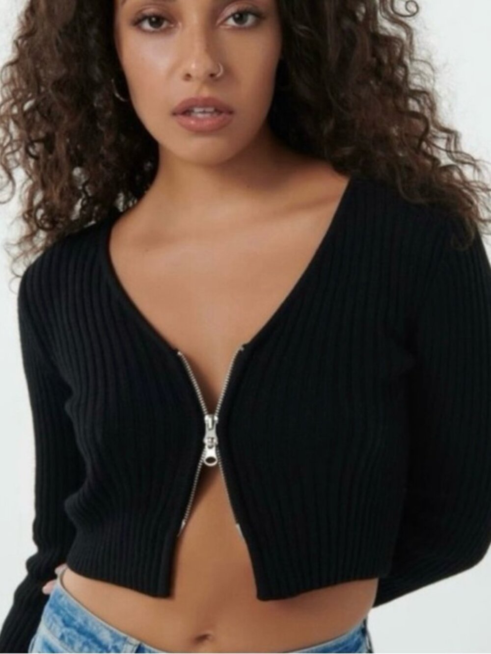Garage Long Sleeve Ribbed Knit Cropped Top - Size M - Full Zip